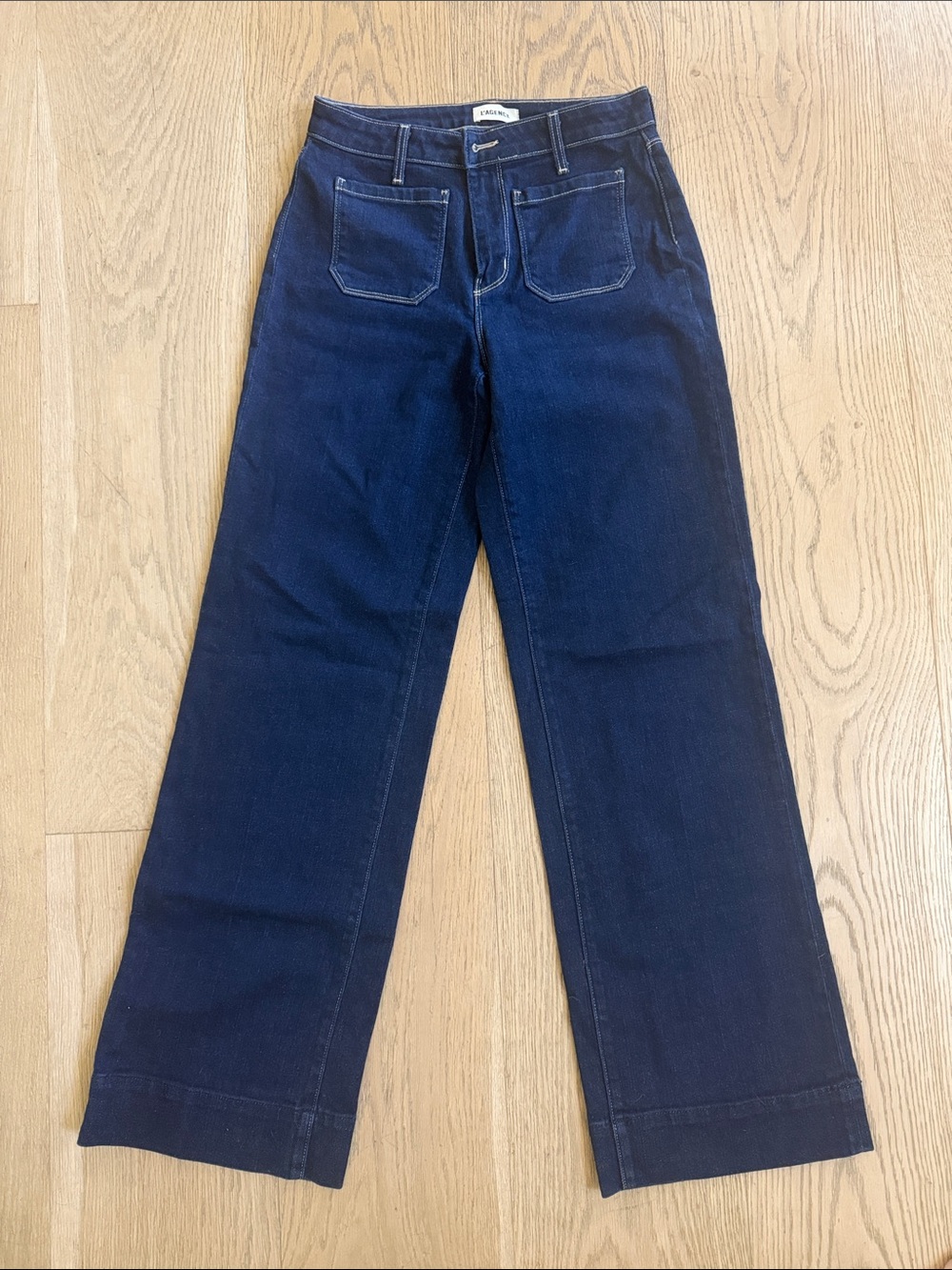 L'AGENCE Dark Blue High-Rise Wide Leg Jeans with Front Patch Pockets - Picture 2 of 8